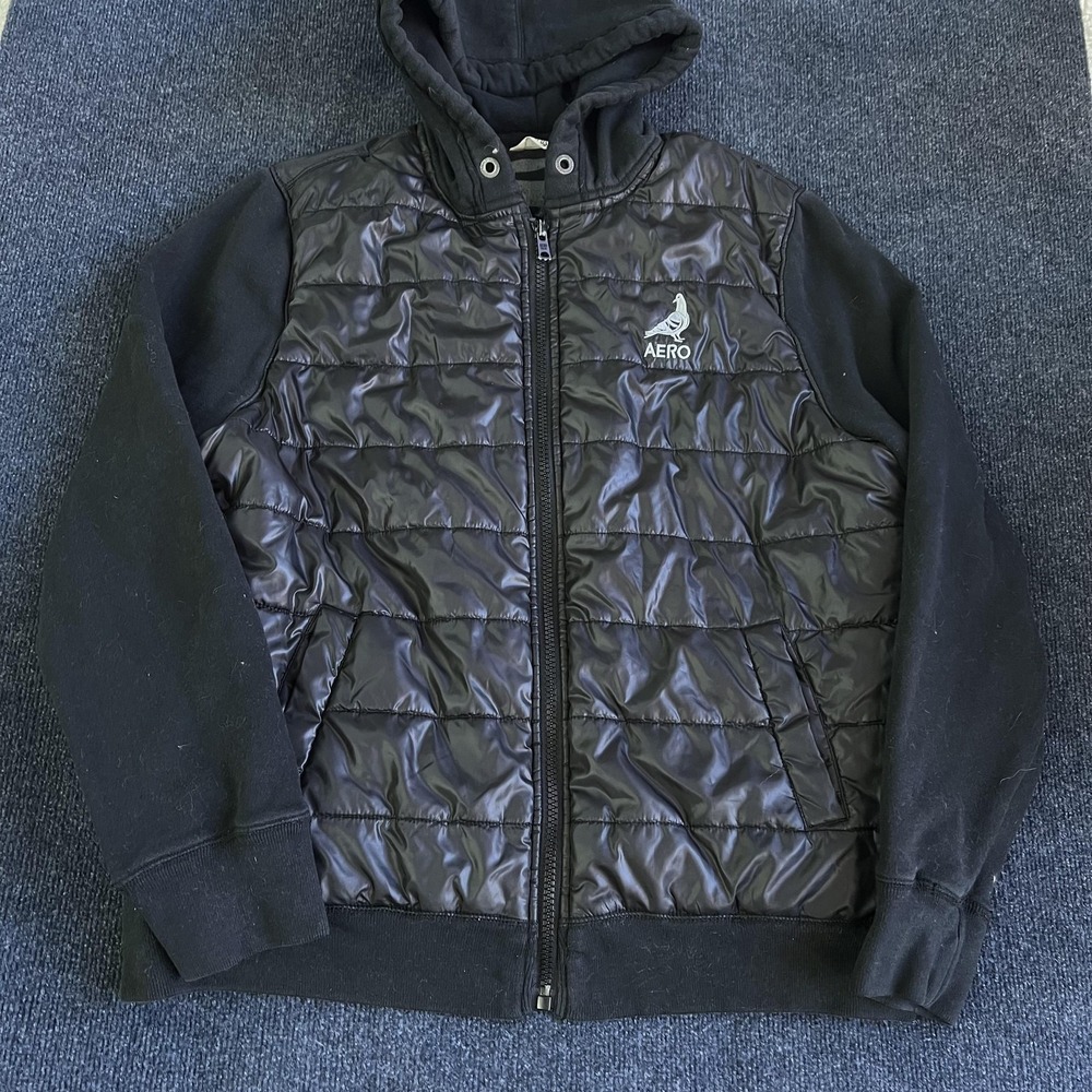 Y2K Aeropostale Jacket Mens 2XL Black Quilted Puffer Hooded Fleece Lined Casual